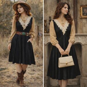 NWT Kaimilan Victorian/Vintage Style Black and Gold Midi Velvet Dress